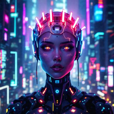 The primary subject of the image is a woman with a futuristic, cyberpunk-inspired appearance. She is wearing a headpiece with glowing lights and has a distinctive look. The setting is a futuristic cityscape, with a backdrop of neon lights and a colorful, vibrant atmosphere. The visual style of the image is a combination of digital art and illustration, creating a unique and captivating scene. The colors and mood of the image are predomin